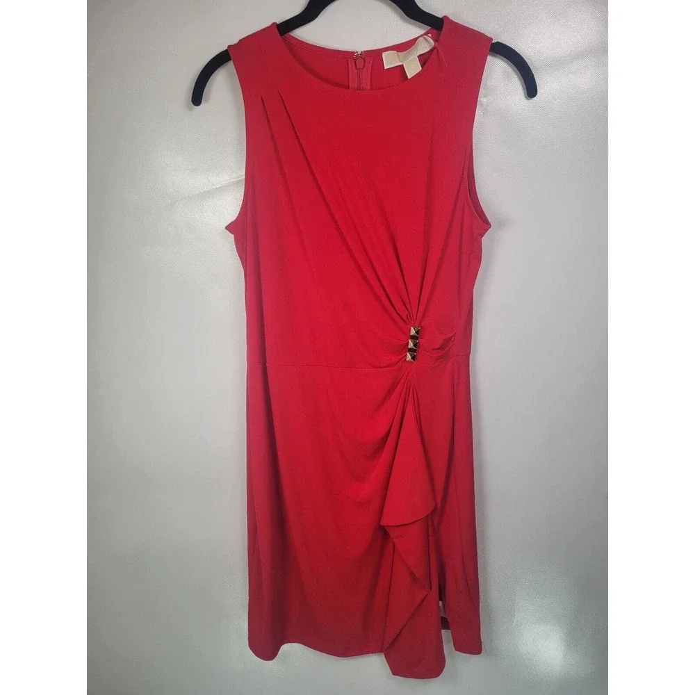 Michael Kors Large Rose Red Sleeveless Gathered Stud-Bar Women’s Dress Small - Picture 2 of 8